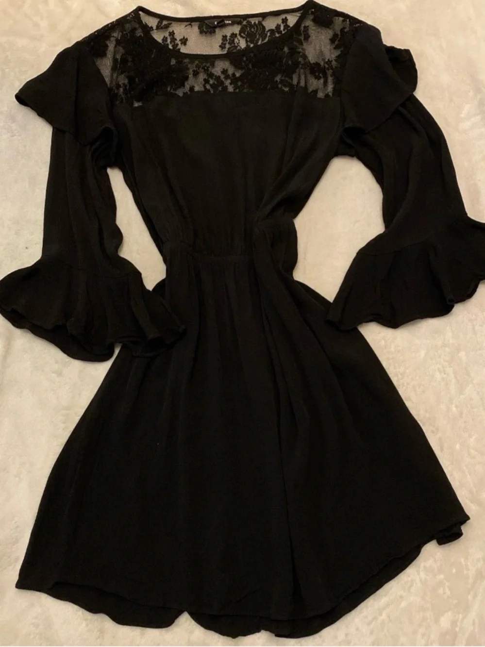 Express Black Floral Lace Yoke Dress with Flared Ruffle Sleeves